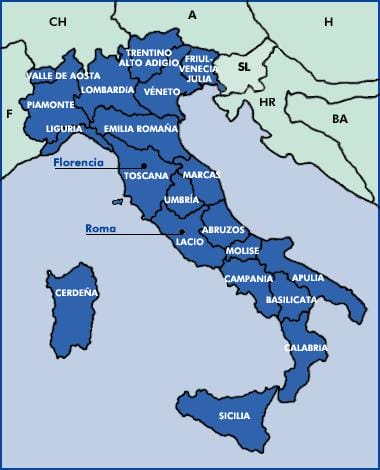Mapa regiones de Italia, en español
